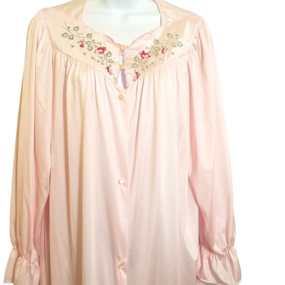 Lorraine Peignoir Robe L Vintage Pink Silky Nylon Embroidered Roses Maxi